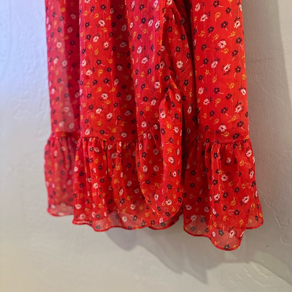 Madewell Ruffle-Strap Wrap Dress Metallic Striped Prairie Posies Red - Picture 9 of 14